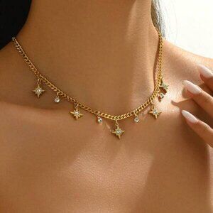 18K Gold Filled Star Charm Necklace with Crystal Accents